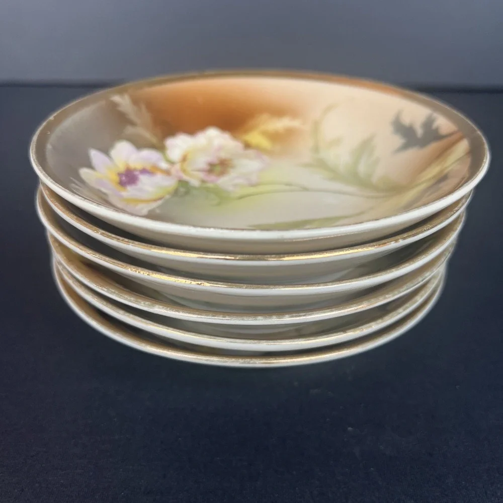 Antique RS Germany 3 Crown Berry Bowl 8 Pc Set Raised Enamel Poppy Floral Gold
